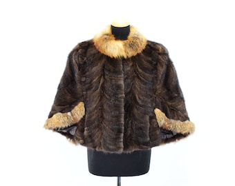 Mink-Fox fur cape brown & gold colour, one size fits, canadian Fox collar, short fur poncho, warm Mink coat.