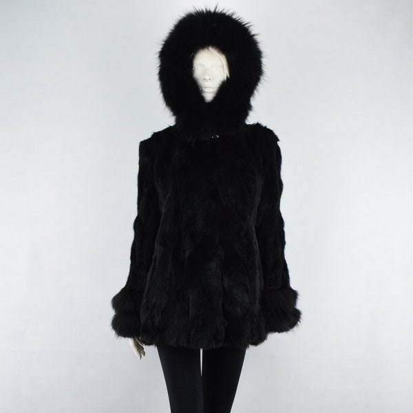 Real fur Lapin Rabbit with Finn Raccoon Women's Jacket coat black color/ Luxury garment