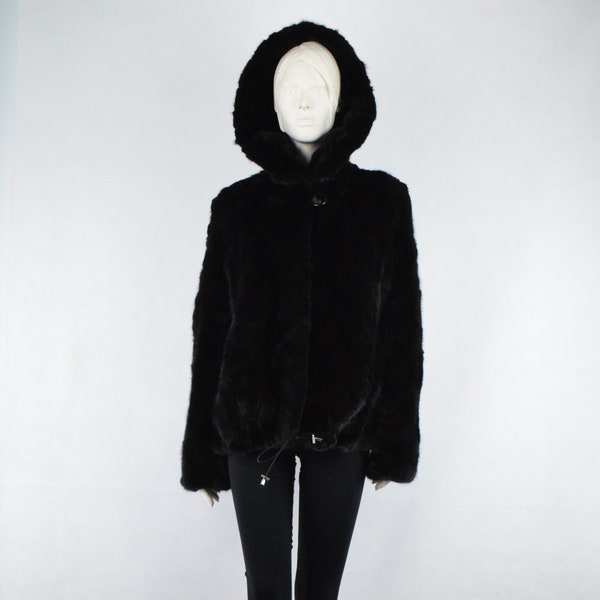 Luxury Women's Mink fur Bomber jacket hooded total black color/ Warm garment