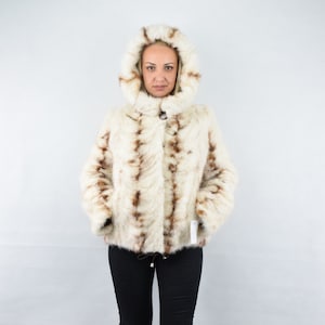 Handmade Mink Fur Bomber Jacket: White & Brown Hooded Coat