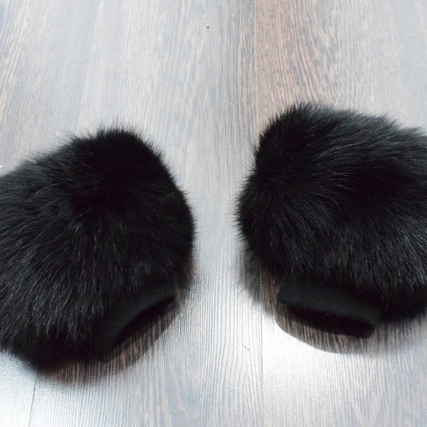 Black Fox fur cuffs, Extra large rich and fluffy fur cuffs with elastic bracelet.