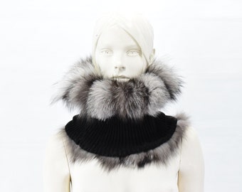 Fox fur cowl Νeck warmer, fur with fabric doublufast, hood, collar, black silver colour.