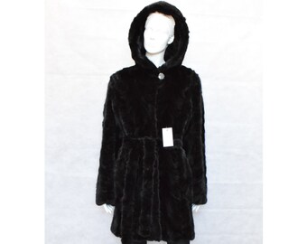 Handmade Black Mink Fur Coat: Hooded Knee Length Belted