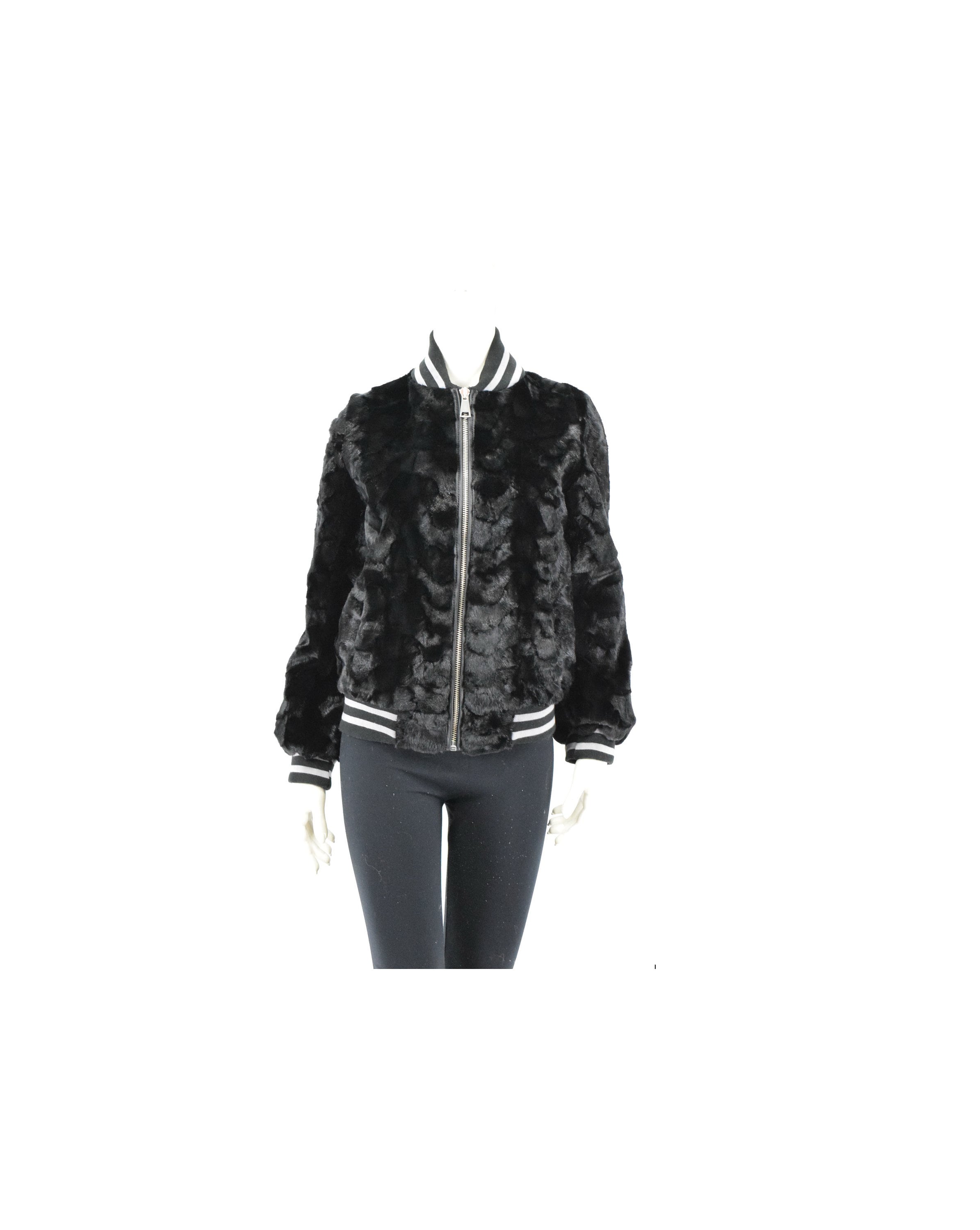 Mink fur bomber jacket Black sheared Fur coat pilot collar with elastic strips closure with zip