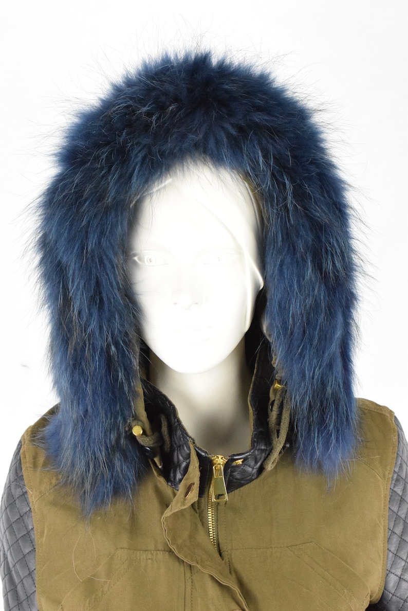 Real Fur Finn Raccoon trim for hood blue black color fur strip accessories for Jackets and coats Unisex Mens Womens