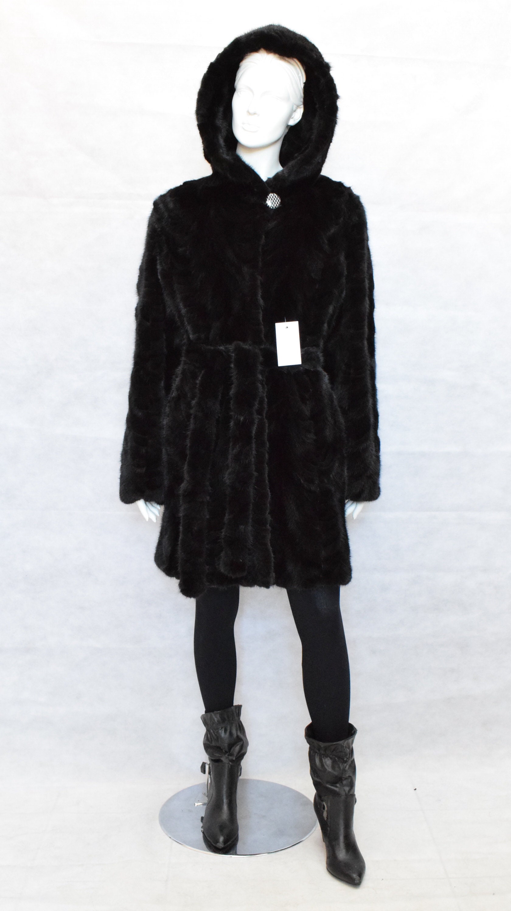 Fur Mink coat black color with belt and large hood straight | Etsy