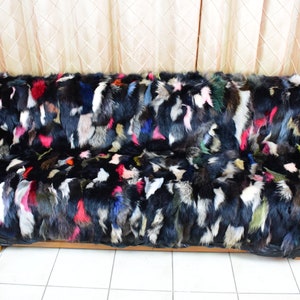 Finn Raccoon fur blanket Black and colourful colour, couch fur cover, luxury gift, soft fluffy silky fur.