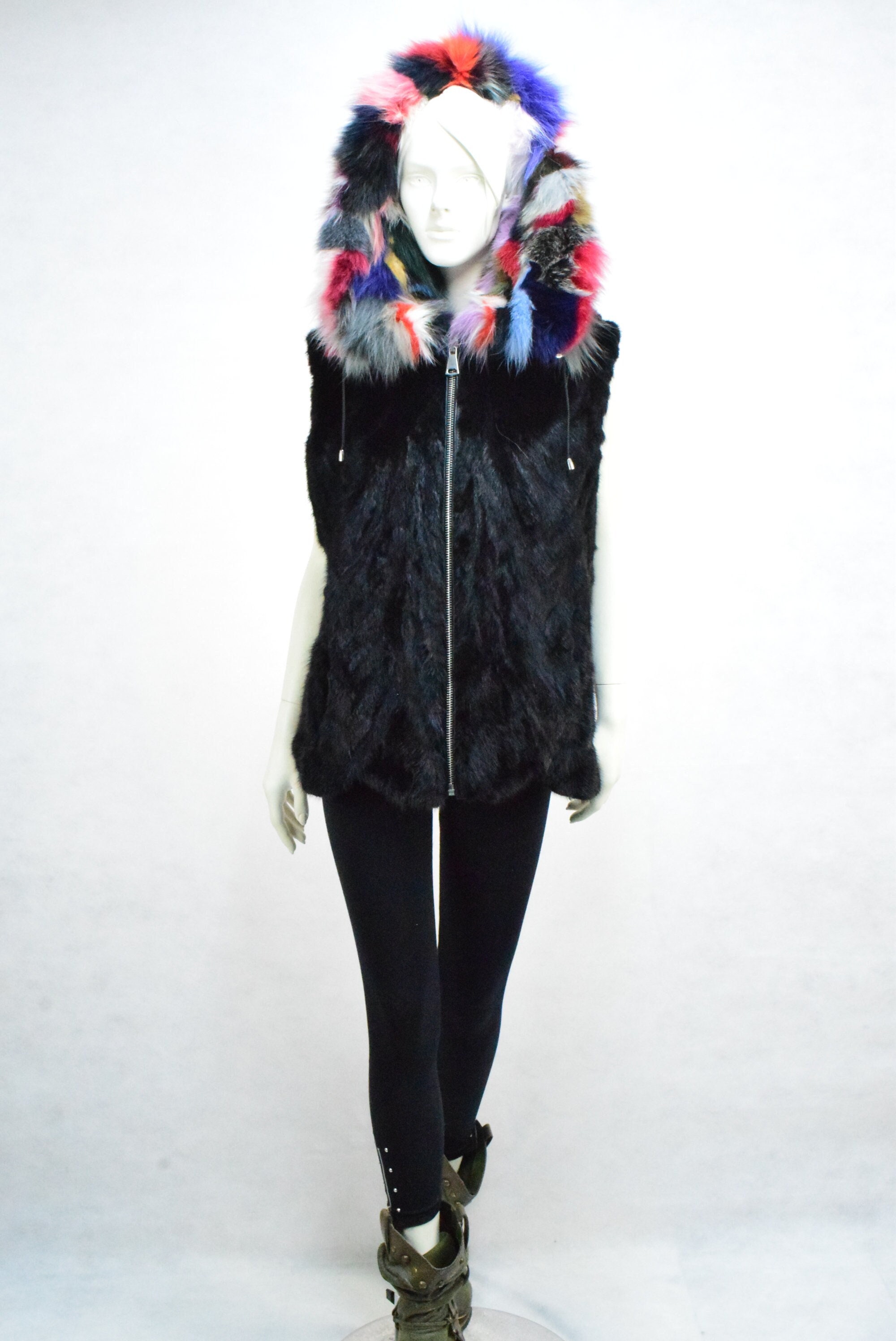 Paris様専用フード付きミンクファーロングベスト カラフルなフォックス