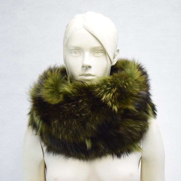 fur cowl Νeck warmer, Finn Racoon fur with fabric doublufast hood, collar, green brown colour.