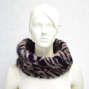 Fur Mink cowl neck warmer, fur with fabric doublufast collar, brown blue colour, unisex Mens Womens.