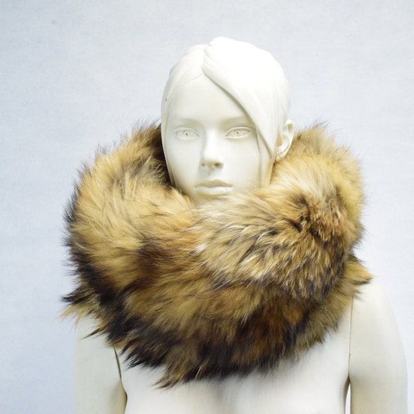 fur cowl Νeck warmer, Finn Racoon fur with fabric doublufast fluffy cowl, collar, gray brown colour.
