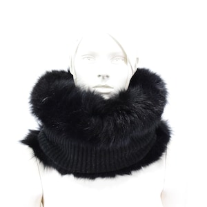 Fox fur cowl neck warmer, hood fur, with fabric doublufast collar, black colour, Women&#39;s Mens gift.