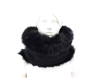 Fox fur cowl neck warmer, hood fur, with fabric doublufast collar, black colour, Women's Mens gift.