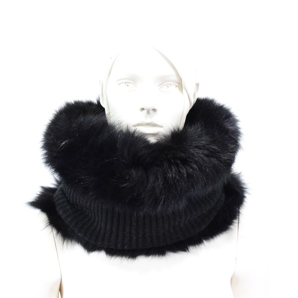 Fox fur cowl neck warmer, hood fur, with fabric doublufast collar, black colour, Women's Mens gift.