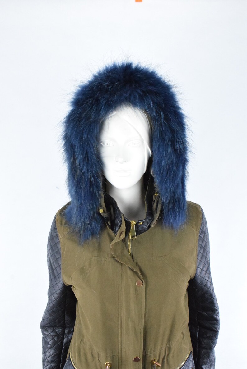 Real Fur Finn Raccoon trim for hood blue black color fur strip accessories for Jackets and coats Unisex Mens Womens