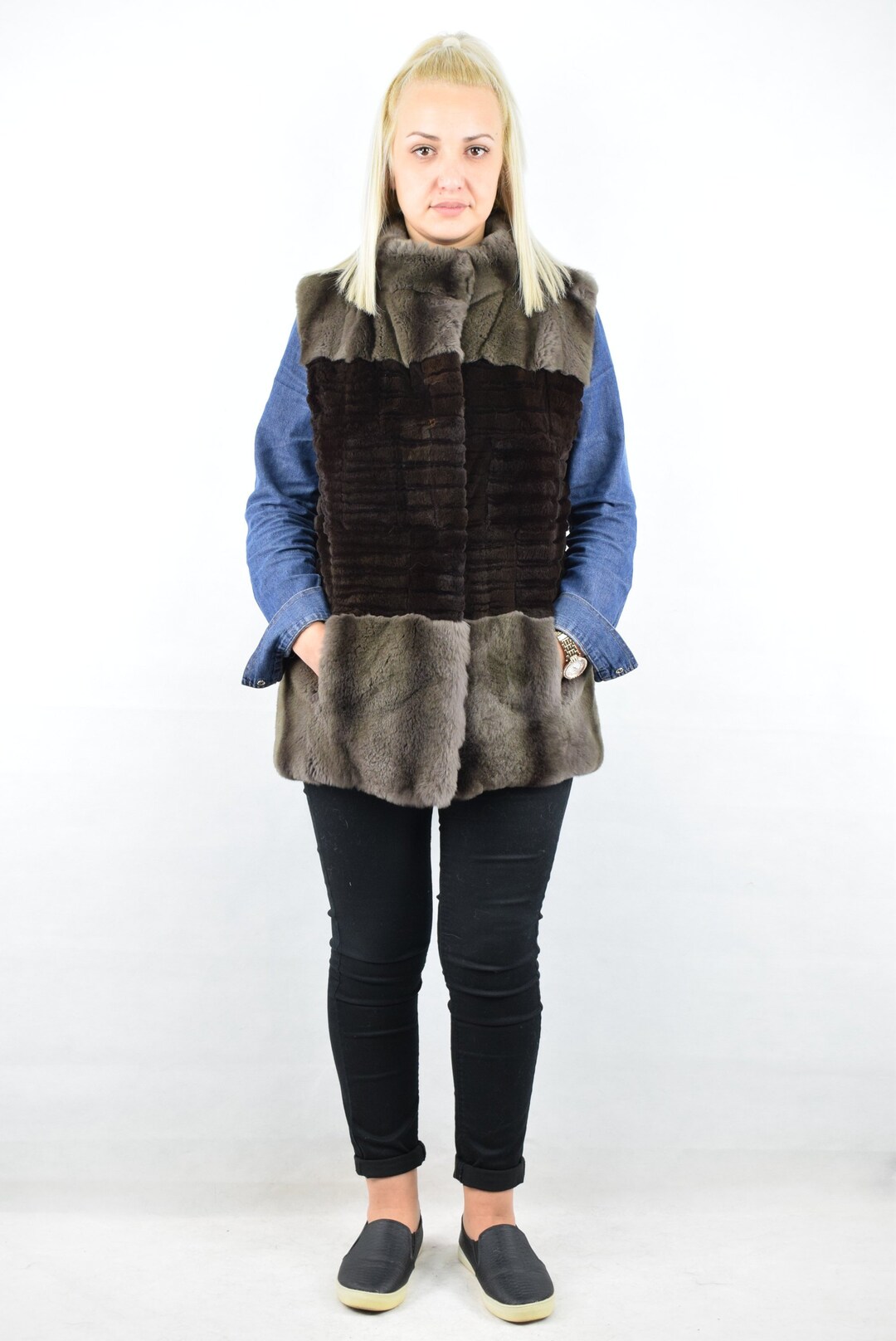 Real Fur Vest From Rex Rabbit & Mink Pelts Color is Gray With Dark ...