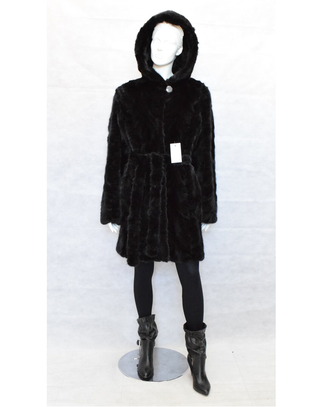 Fur Mink Coat Black Color With Belt and Large Hood Straight - Etsy