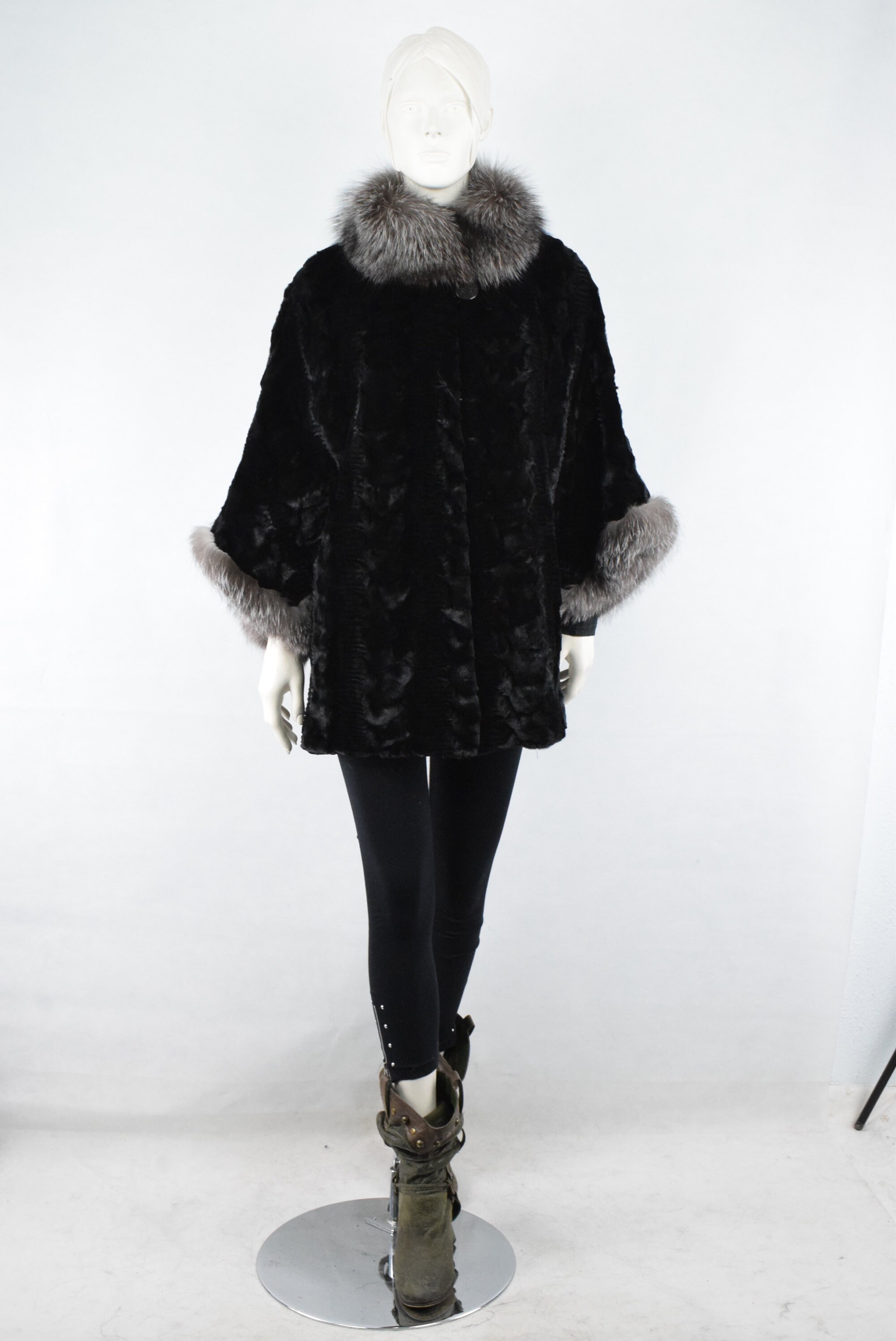 Fur Mink cape style black color with silver Fox collar and trim on sleeves luxury High quality fur, one size.