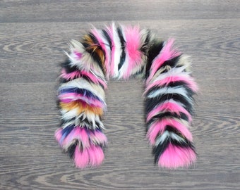 Fur stripe hood Finn Raccoon pink colorful color, fluffy fury hood trim, unisex gift.
