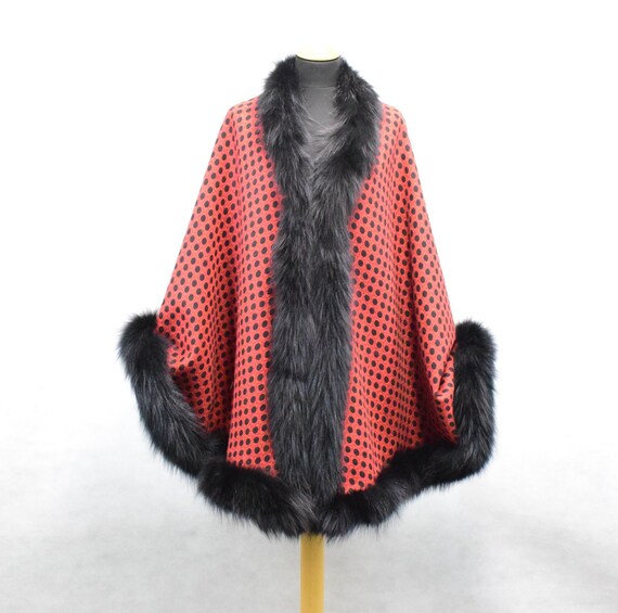 Cape Style Poncho En Daim Et Cuir Avec Bordure Fourrure Renard - Taille XL - Occasion Très Bon état