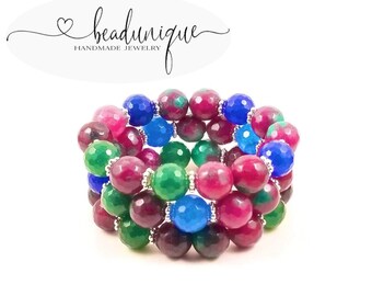 Rainbow Agate Beads Silver Flowered Spacer Beads / Women's Bracelet Set