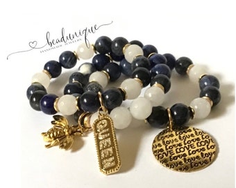 Navy Blue Agate Beads White Frosted Agate Beads Gold Queen, Love, and Bee  Charm Gold Flat Spacers