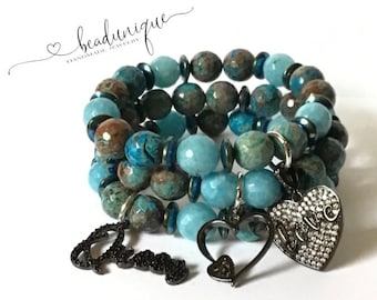 Natural Brown Blue Turquoise Chrysocalla Beads Sky Blue Faceted Agate Beads Silver Spacers Black Bling Charms