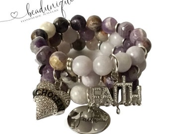 Purple Veined Agate Beads Frosted Faceted Agate Beads Silver Spacers Silver Bling Inspirational Charms