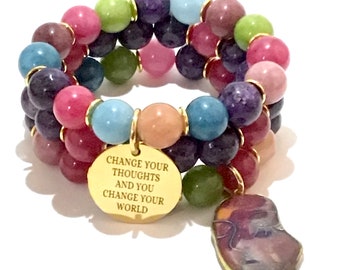 Rainbow Colored Agate Beads Gold Spacers Gold Affirmation Charm Gold Clay Filled Charm Womens Bracelet Set