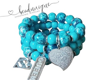 Spotted Turquoise Gemstone Beads Silver Spacers Silver Bling Heart, Queen, and Super Symbol Charms