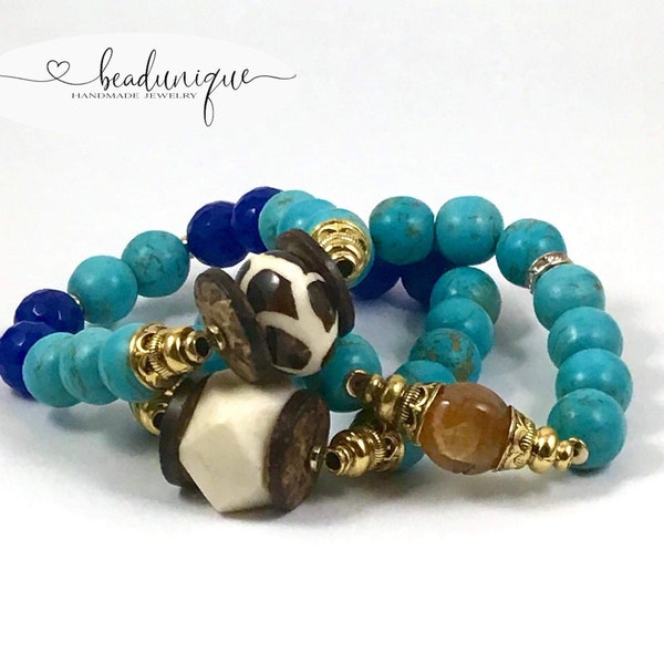 Turquoise Veined Gemstone Beads Blue Faceted Jade Beads Antique Gold Bead Caps White Bone Beads African an Zebra Bead / Women's Bracelet