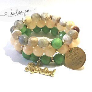 Lime Green Faceted Agate Beads Peach Faceted Agate Beads Light Colored Jasper Beads Gold Spacers Gold Affirmation Charms