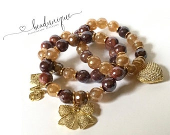 Peach Electroplated Faceted Agate Beads Electroplated Red Tiger Eye Faceted Beads Gold Flat Spacers and Gold Bling Charms