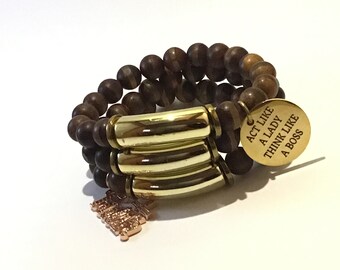 Gold Acrylic Beads Brown Striped DZI Agate Beads Affirmation Charm Faith Word Charm