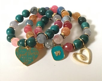 Matte Turquoise Beads Multi Colored Jade Beads Gold Flat Spacers Bling Heart Charm Green Heart Charms Turquoise Butterfly Small Pendant