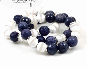 White Striped Dyed Tibetan Agate Beads Navy Blue Faceted Agate Beads Silver Flowered Spacer Beads / Women's Bracelet Set