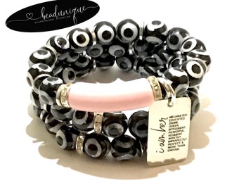 Black and White Bullseye Agate Beads Pink Acrylic Tube Bead Silver Affirmation Charm