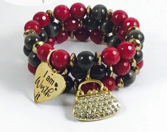 Black Cat Eye Beads Red Jade Beads Gold Stamped Affirmation Charm Studded Purse Charm