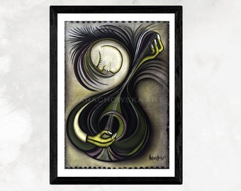 May include: A framed abstract painting of a person playing a guitar. The painting is done in shades of green, black, and white. The text "MARACHOWSKA ART" is visible in the lower right corner of the painting.