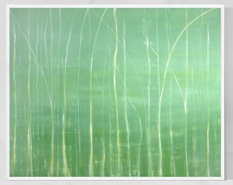 May include: Abstract painting of a forest scene with thin, white lines representing trees against a green background.