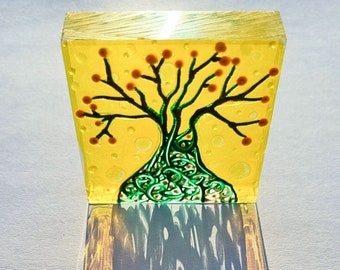 Glass Painting Sculpture Green Tree by Maria Marachowska