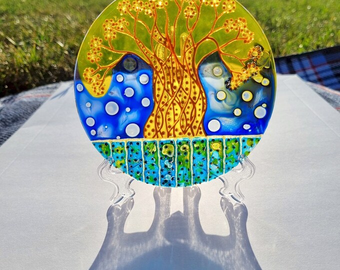 Circular Glass Painting Suncatcher Blue Tree by Maria Marachowska