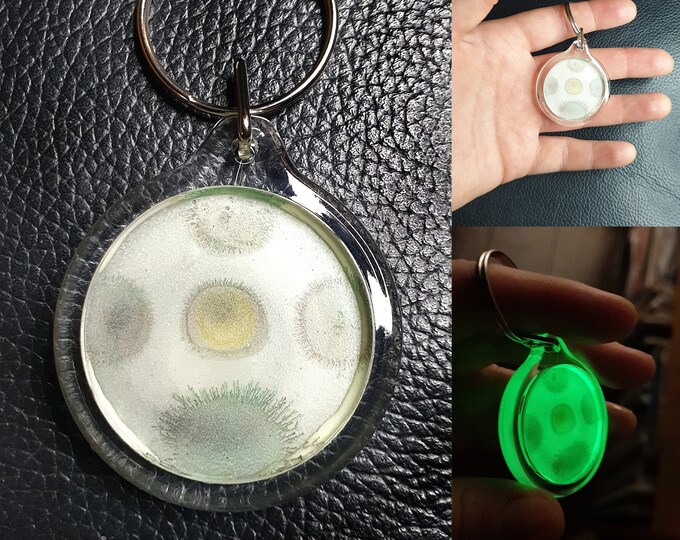 Painting Keychain Green White Art glow in the dark by Maria Marachowska