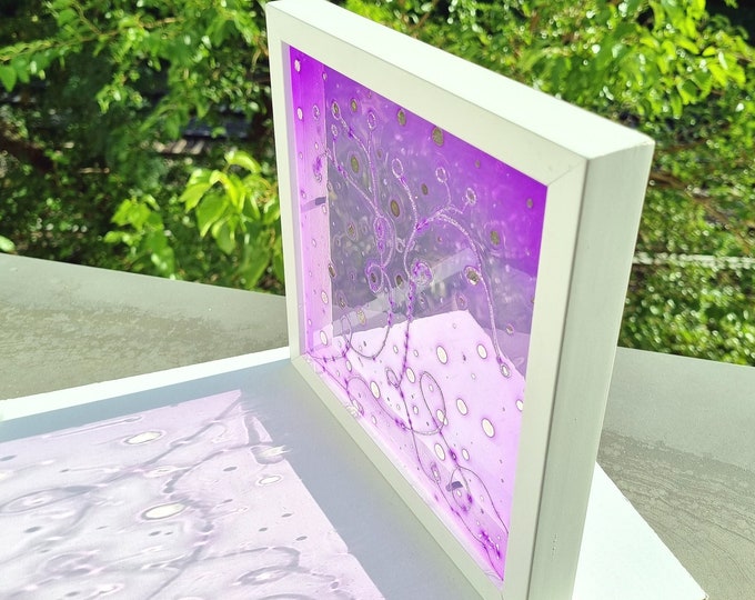Glass Painting Suncatcher Purple Tree + wooden frame by Maria Marachowska
