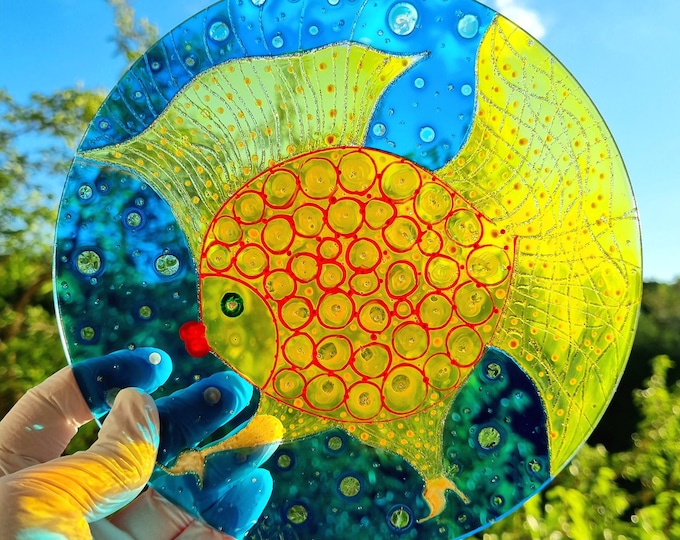 Glass Painting Suncatcher Gold Fish by Maria Marachowska