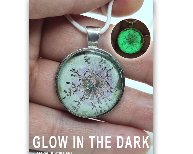 Painting Pendant Glitter Purple Thunder - Hand Painted Necklace - Glows In The Dark by Maria Marachowska