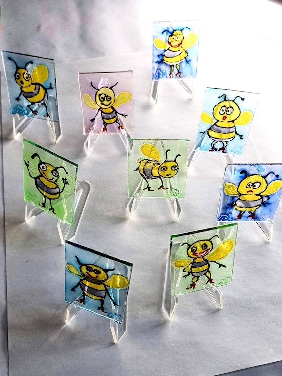 Handgemalte Glasbilder "Bienen", originale Sonnenfänger von Maria Marachowska