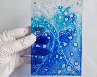 Original Glass Painting Magnet "Blue Tree" by Maria Marachowska