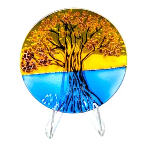 Circular Glass Painting Gold Tree - Suncatcher Tree + Decoration Tree of Life - Painted Window Decoration - Trees Window Decoration