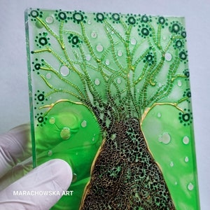Original Glass Painting Magnet Gold Tree by Maria Marachowska image 5